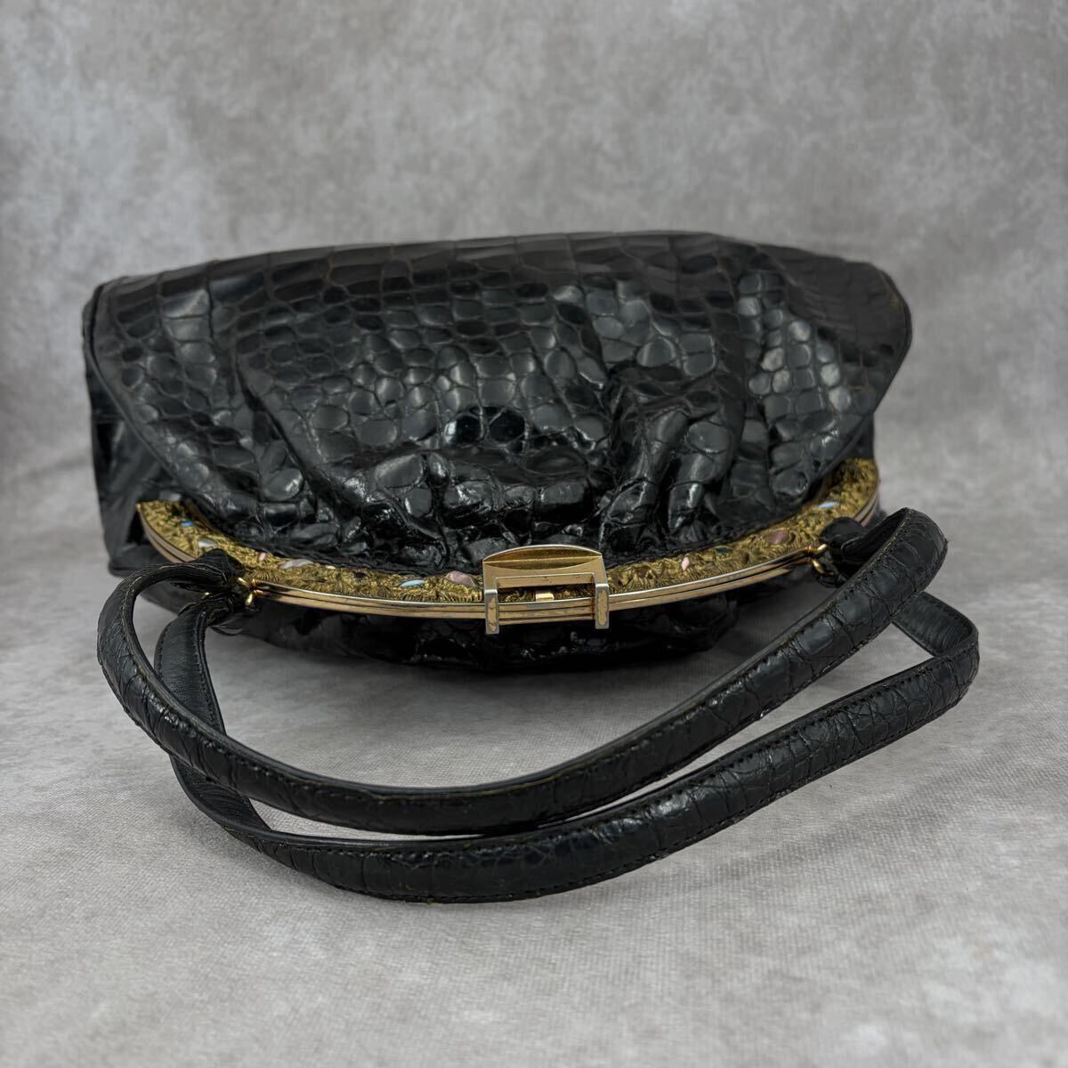 【希少/リアル】クロコダイル トートバッグ ボストン ワニ革 シャイニング アンティーク金具 ストーン エキゾチックレザー ブラック 黒_画像5