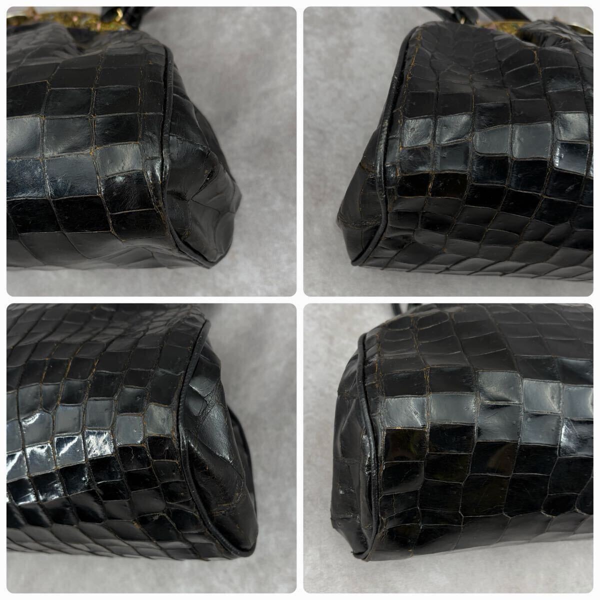【希少/リアル】クロコダイル トートバッグ ボストン ワニ革 シャイニング アンティーク金具 ストーン エキゾチックレザー ブラック 黒_画像7
