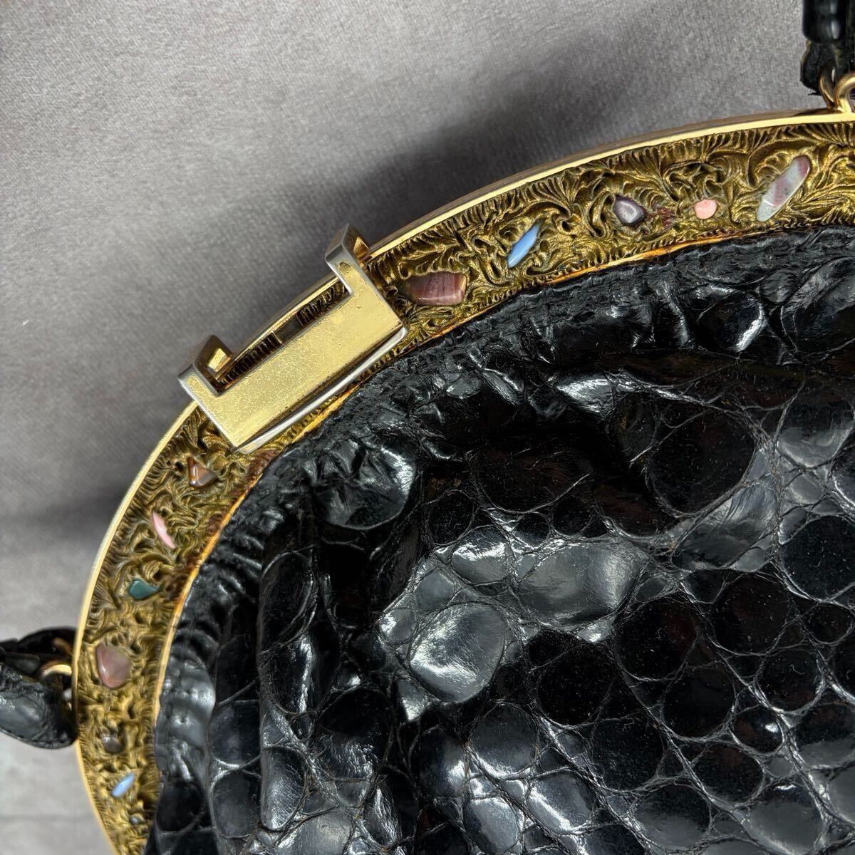 【希少/リアル】クロコダイル トートバッグ ボストン ワニ革 シャイニング アンティーク金具 ストーン エキゾチックレザー ブラック 黒_画像8