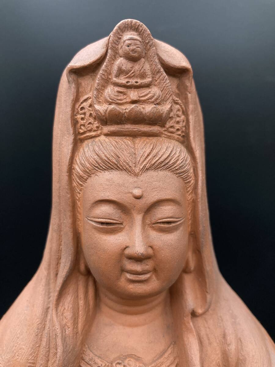 「1069」希少品 常滑焼名工 森下辰義(森下辰よし) 銘あり 朱泥 観音像 高さ約37cm 置物 古美術 常滑焼_画像10