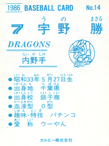 カルビー1986 宇野勝(中日) レギュラーカード #14_画像2