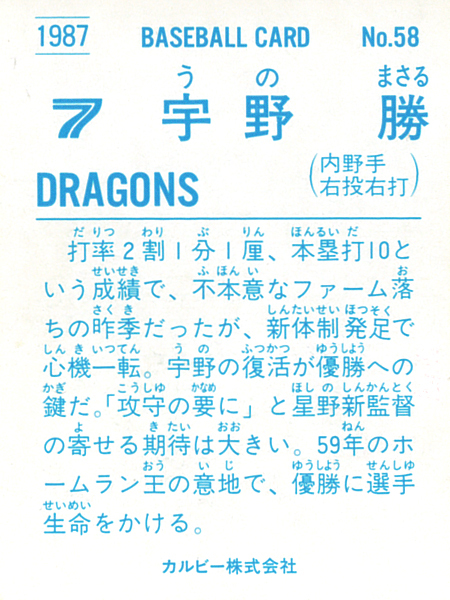 【極美品】カルビー1987 宇野勝(中日) レギュラーカード #58_画像2