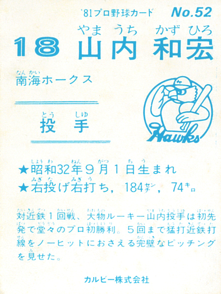 カルビー1981 山内和宏(南海) レギュラーカード #52_画像2