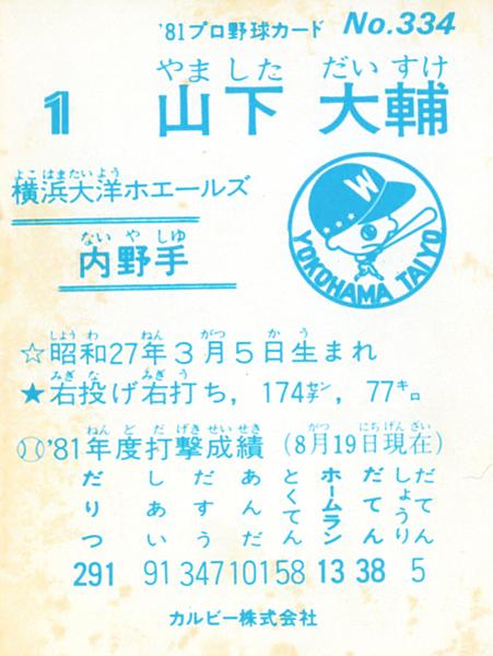 カルビー1981 山下大輔(大洋) レギュラーカード #334_画像2