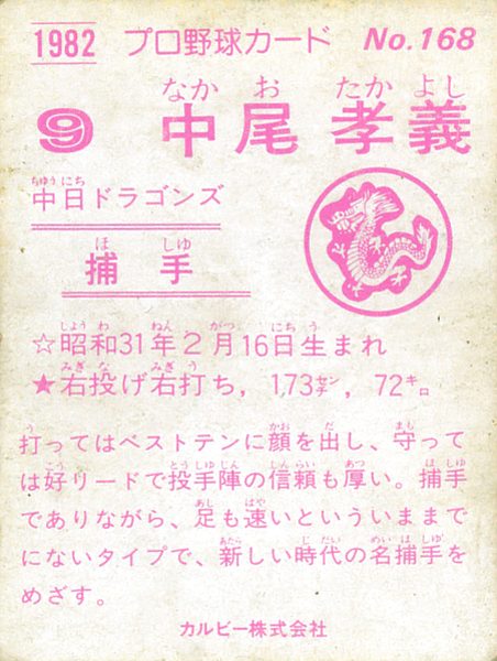 カルビー1982 中尾孝義(中日) レギュラーカード #168_画像2