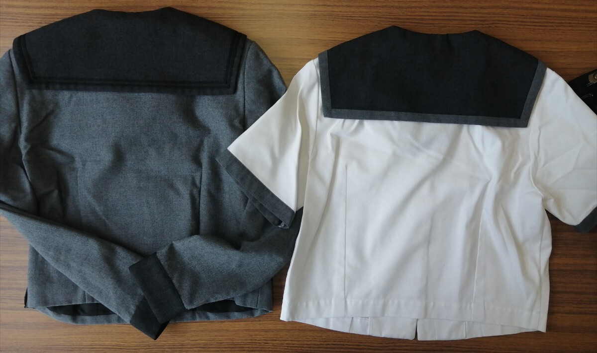 岡山県[山陽女子高校]女子制服 冬服夏服セーラー170A.夏服冬服スカート(W72.L57).カーディガン(白色L).指定リボン(緑色) 6点セット_画像4