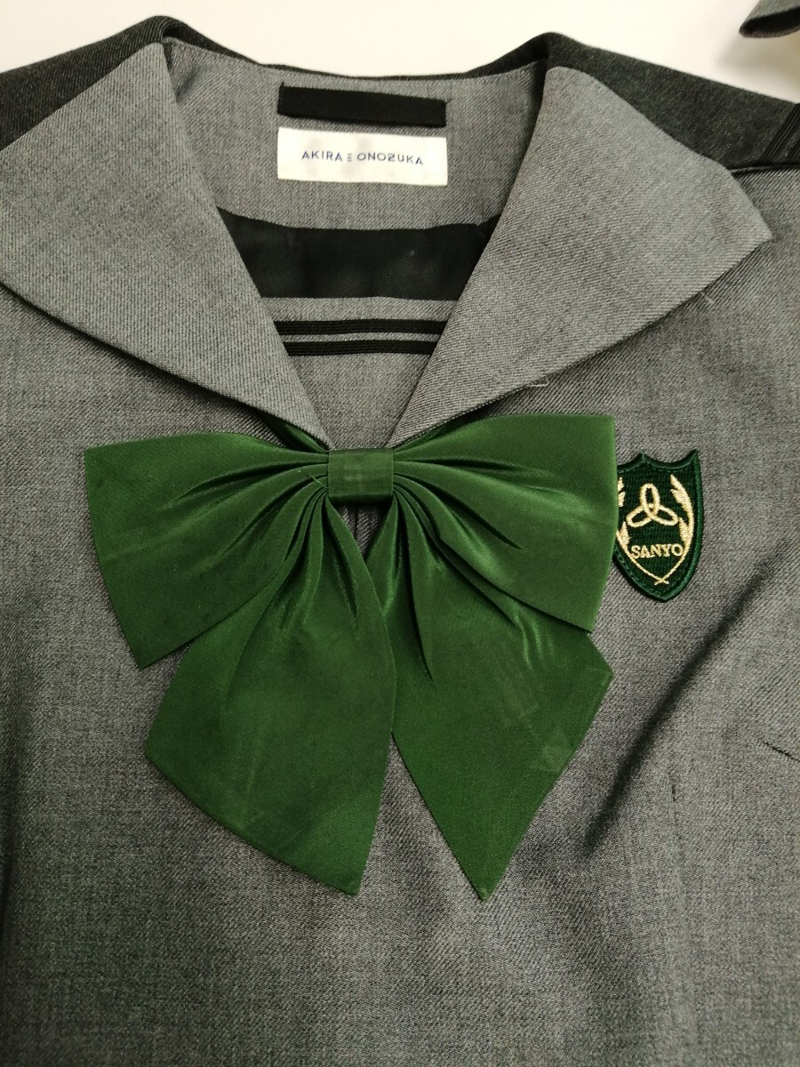  Okayama префектура [ Sanyo женщина средняя школа ] женщина форма зима одежда летняя одежда sailor 155A. летняя одежда зима одежда юбка (W60.L48). кардиган белый цвет чёрный цвет. указание лента ( зеленый цвет ) 7 позиций комплект 