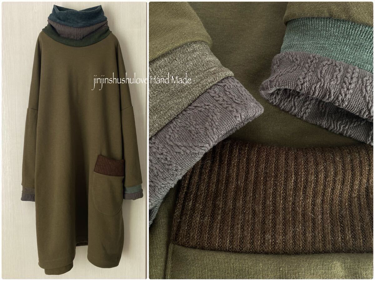 ハンドメイド◎裏起毛ニット*COTTON & 起毛リブ・アラン編みニット *カーキグリーン♪タートル OP♪_画像1