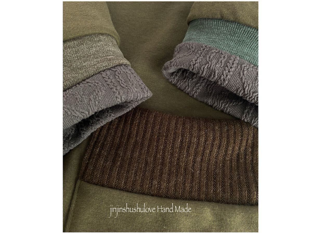 ハンドメイド◎裏起毛ニット*COTTON & 起毛リブ・アラン編みニット *カーキグリーン♪タートル OP♪_画像7