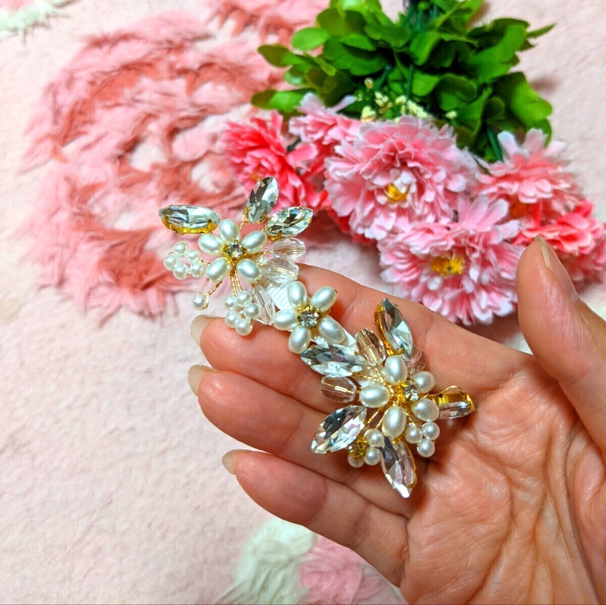  цветочный принт * белый & Kirakira *biju- имеется * роскошный * party и т.п. .* Gold * волосы зажим 