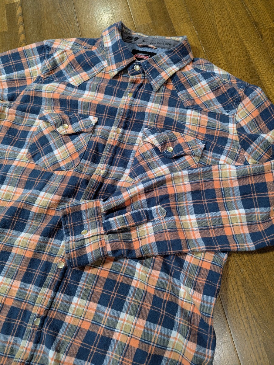 Dickies ネルシャツ Slim Fit XLサイズ ウエスタンシャツ チェック柄 長袖 ディッキーズ オレンジ / ブルー_画像4