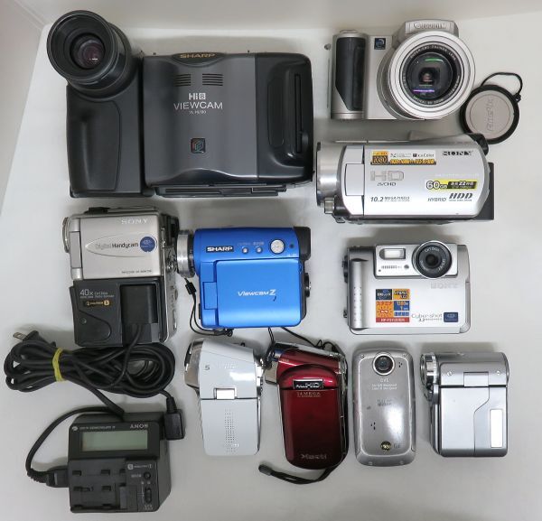 ビデオカメラまとめ SONY ソニー、SHARP シャープ、SANYO サンヨー、FUJIFILM 富士フィルム 等/10台まとめて 【動作未確認・ジャンク】_画像1