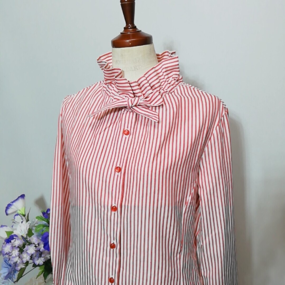 ナラカミーチェ　極上美品　長袖ブラウス　レッド色系　ストライプ柄_画像7