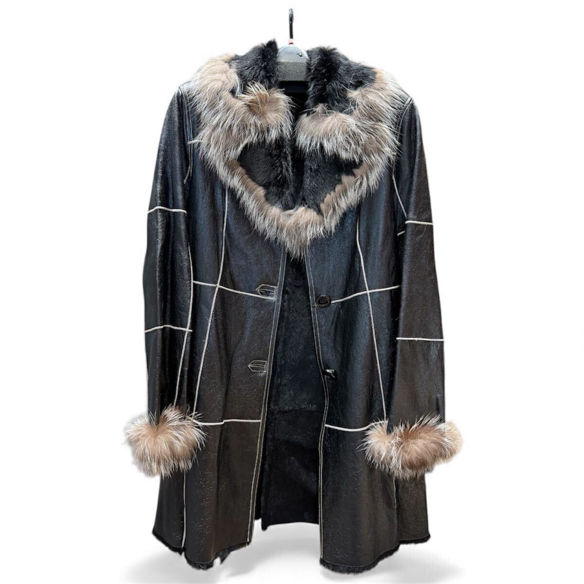 1円〜!未使用品 毛皮コート毛皮ブラック 黒 レザー ファー ミドル丈 着丈約86cm 身幅約48cm Mサイズ_画像1