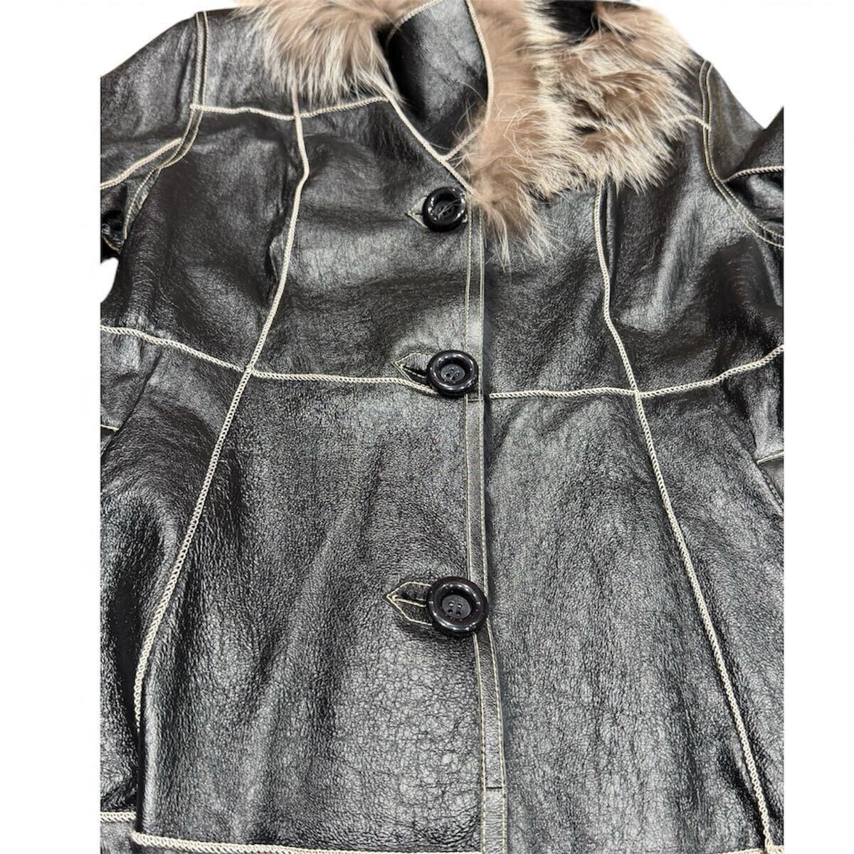 1円〜!未使用品 毛皮コート毛皮ブラック 黒 レザー ファー ミドル丈 着丈約86cm 身幅約48cm Mサイズ_画像3