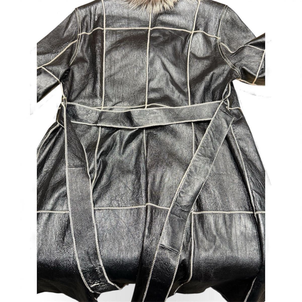 1円〜!未使用品 毛皮コート毛皮ブラック 黒 レザー ファー ミドル丈 着丈約86cm 身幅約48cm Mサイズ_画像4