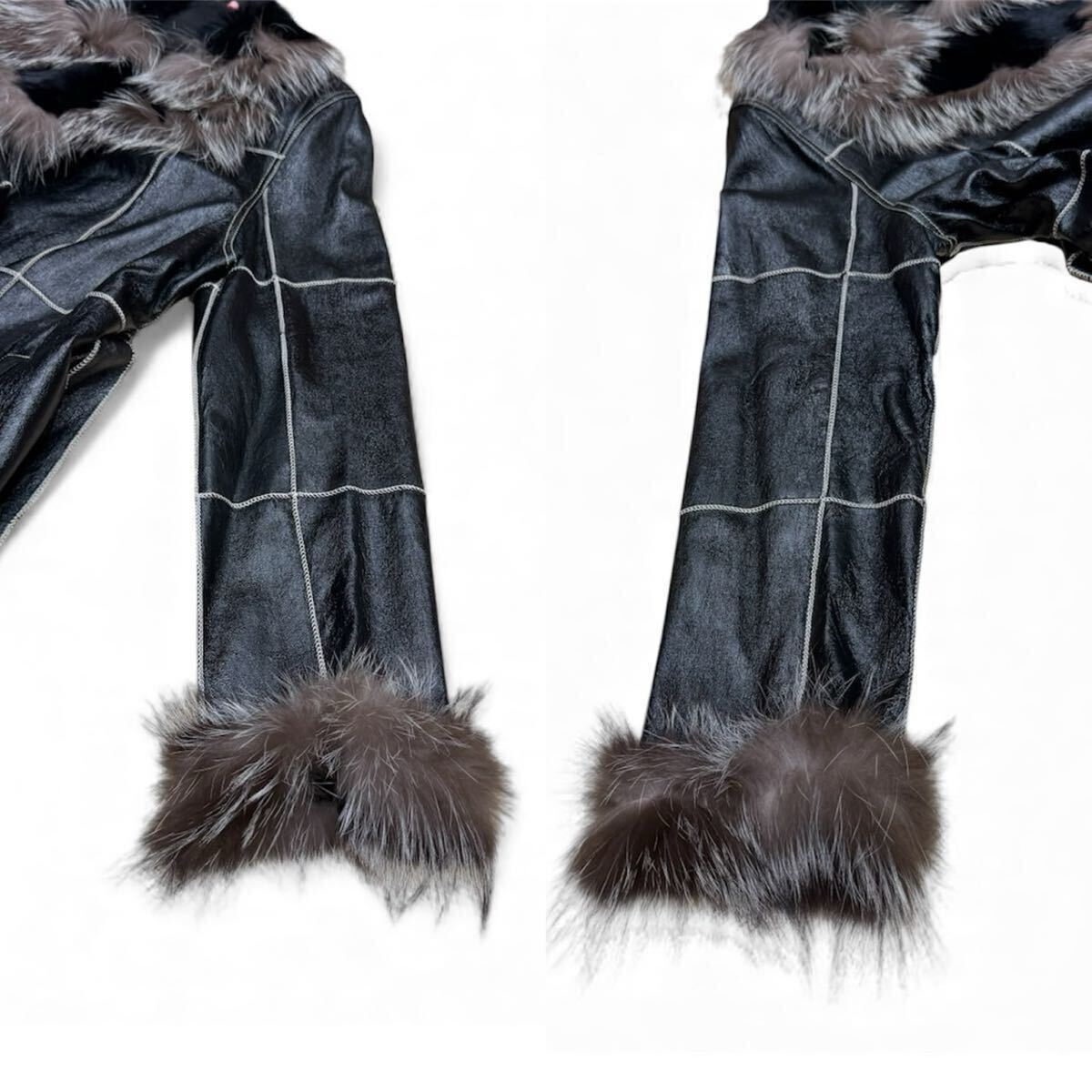 1円〜!未使用品 毛皮コート毛皮ブラック 黒 レザー ファー ミドル丈 着丈約86cm 身幅約48cm Mサイズ_画像6