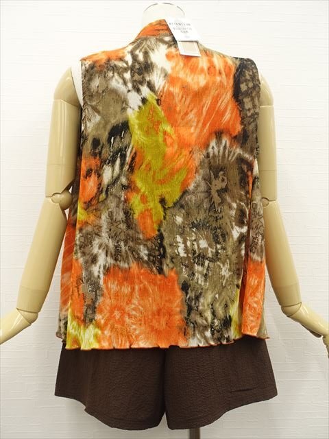 美品 Bou Jeloud等 ジレベスト+キャミソール+キュロット コーデ3点セット M相当 茶×オレンジ×黄 総柄/茶系/茶 カジュアル系 30代～40代_画像2