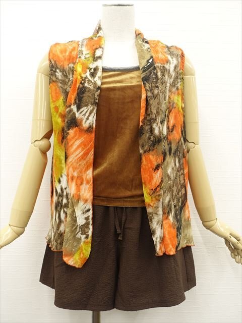 美品 Bou Jeloud等 ジレベスト+キャミソール+キュロット コーデ3点セット M相当 茶×オレンジ×黄 総柄/茶系/茶 カジュアル系 30代～40代_画像1