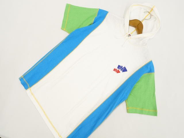 メンズ 美品 SUNTORY HOP'S 半袖 プルオーバーパーカー M ホワイト×ブルー×グリーン レッド&ブルー矢印ロゴ 【メール便可】_画像1