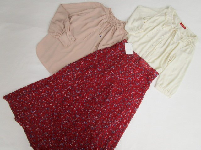 美品 AUNT MARIE'S等 ブラウス+POブラウス+ロングフレアスカート コーデ3点セット M相当 白系/ピンク系/赤地 花 フェミニン系 20代～30代_画像1