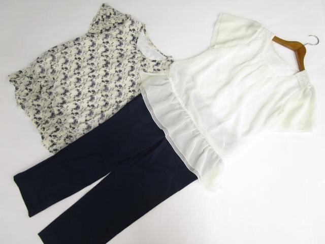 美品 Lacifonelli等 半袖POブラウス2点+クロップドパンツ コーデ3点セット L相当 アイボリー地 紺 花柄/白系/紺 フェミニン系 20代・30代～_画像1