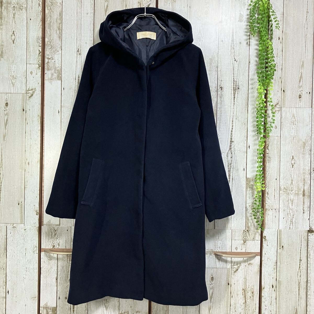 [訳あり]☆ショコラフィネローブ chocol raffine robe☆コート アウター 比翼ボタン 起毛 ネイビー F フード レディース [送料無料] y6369_画像1