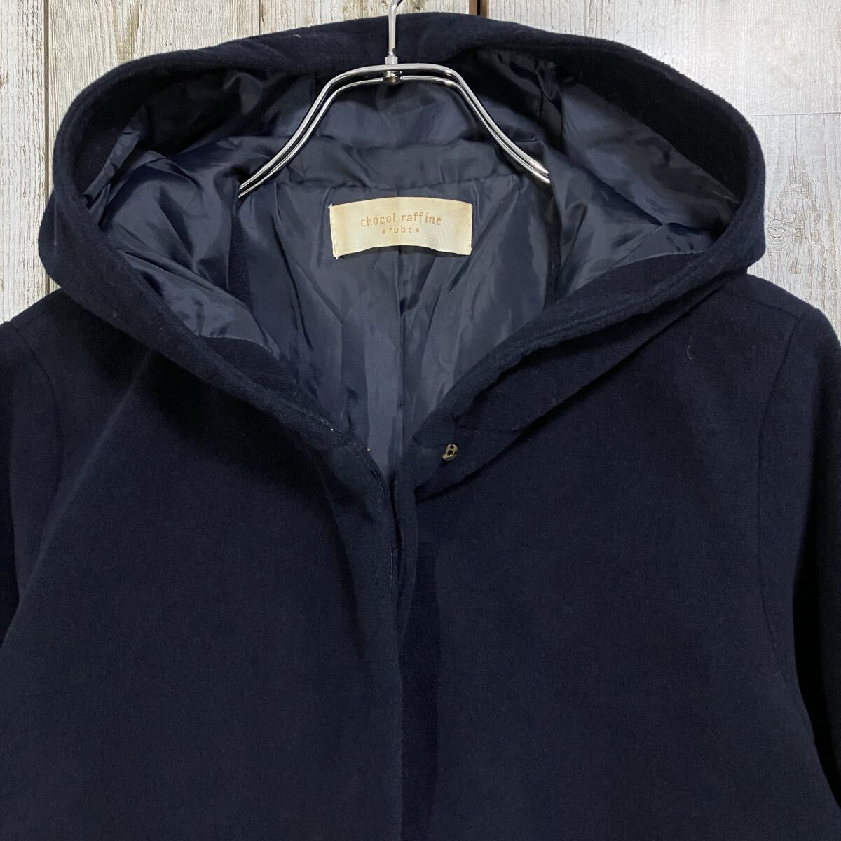 [訳あり]☆ショコラフィネローブ chocol raffine robe☆コート アウター 比翼ボタン 起毛 ネイビー F フード レディース [送料無料] y6369_画像2