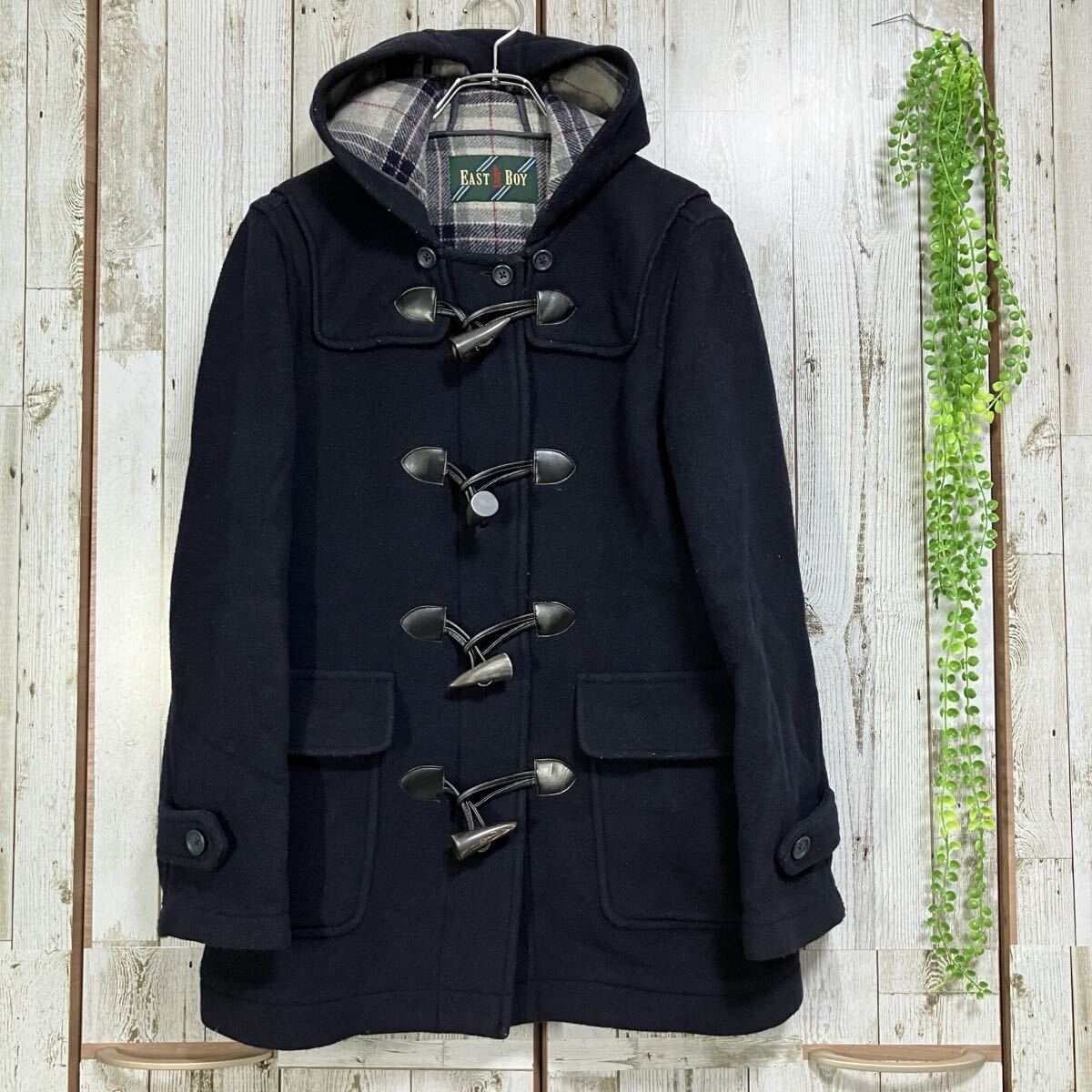 ☆イーストボーイ EAST BOY☆ダッフルコート ネイビー 9号 M レディース 起毛 裏側チェック フード アウター [送料無料☆匿名配送] y6410_画像1