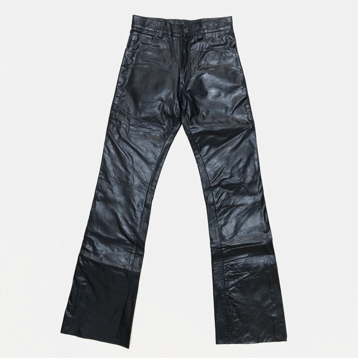 【本革】EAST COAST レザーパンツ ブーツカット 28インチ ブラック バイカー 古着 HW-138_画像1