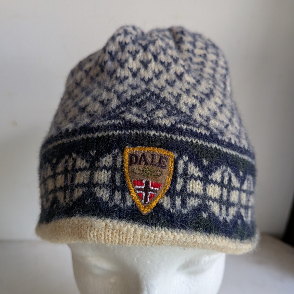 DALE of Norway ダーレ・オブ・ノルウェー ニットキャップ '９０年代 オフホワイト/ネイビー・総柄 ウール ノルウェー製 ユーズド品_画像8