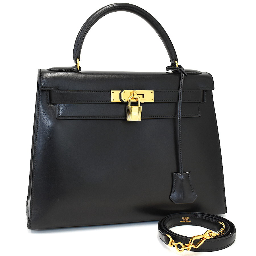 1円◎極美品 HERMES エルメス ハンドバッグ ケリー28 外縫い 〇U刻印 ボックスカーフ レザー ブラック ゴールド金具◎E.Ess.tI-24_画像1