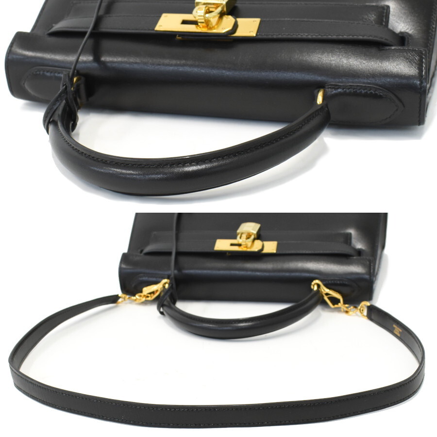 1円◎極美品 HERMES エルメス ハンドバッグ ケリー28 外縫い 〇U刻印 ボックスカーフ レザー ブラック ゴールド金具◎E.Ess.tI-24_画像8