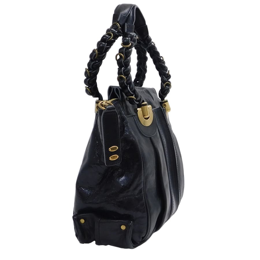 1 иен # превосходный товар Chloe ручная сумочка оттенок черного кожа вязаный ремень Gold металлические принадлежности довольно большой женский Chloe #E.Cse.tI-06