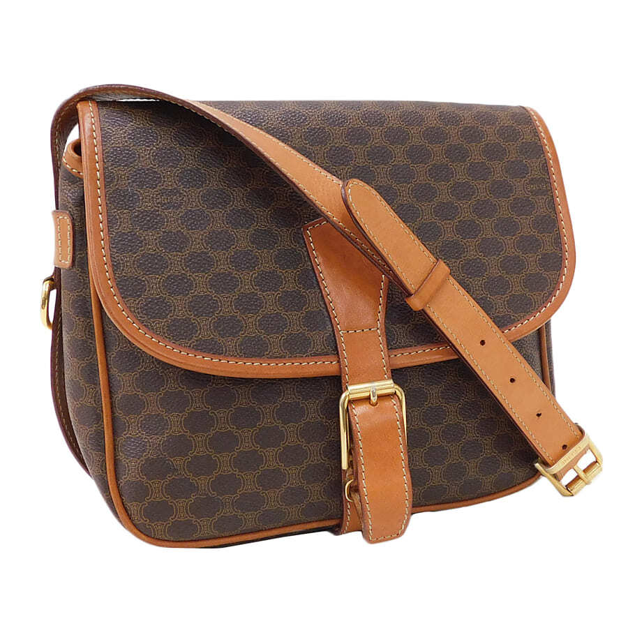 1円■美品 セリーヌ ショルダーバッグ M92 マカダム ダークブラウン系×ブラウン系 PVC×レザー CELINE■E.Csp.tI-06_画像1