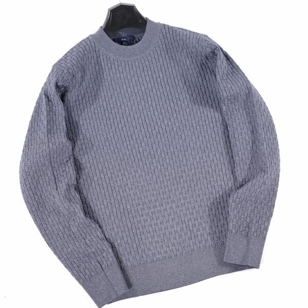 新品1円～★g-stage ジーステージ メンズ 超伸縮 軽量 ストレッチ モックネック ニットソー 50 XL セーター ブルー 立体ブロック編◆8441◆_画像4