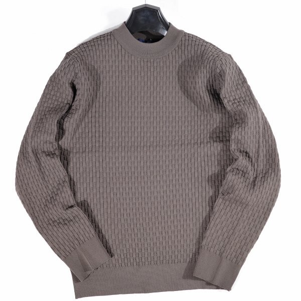 新品1円～★g-stage ジーステージ メンズ 超伸縮 軽量 ストレッチ モックネック ニットソー 50 XL セーター 茶 立体ブロック編◆8437◆_画像3