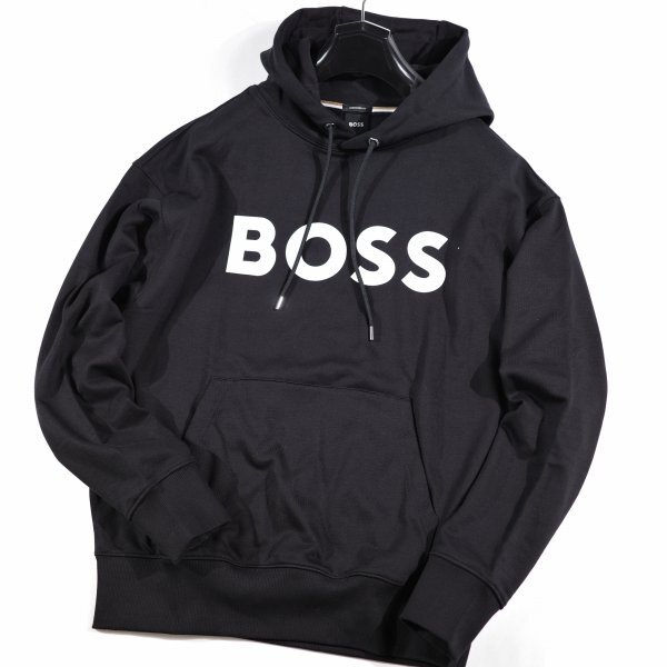新品1円～★定価4.1万 BOSS ボス メンズ 最高級ライン コットン綿 ロゴ プルオーバーフーディー M ヒューゴボス パーカー 黒 本物◆A3543◆_画像4