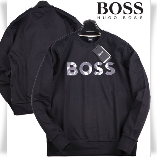 新品1円~★定価3.8万 BOSS ボス メンズ 最高級ライン ロゴ コットン綿 クルーネックスウェット S トレーナー ヒューゴボス 黒 ◆A3547◆_画像1