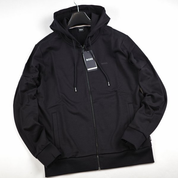 新品1円～★定価3.8万 BOSS ボス メンズ 最高級ライン コットン綿 ジップアップパーカー L ロゴ ヒューゴボス フーディー 黒本物 ◆A3561◆_画像3