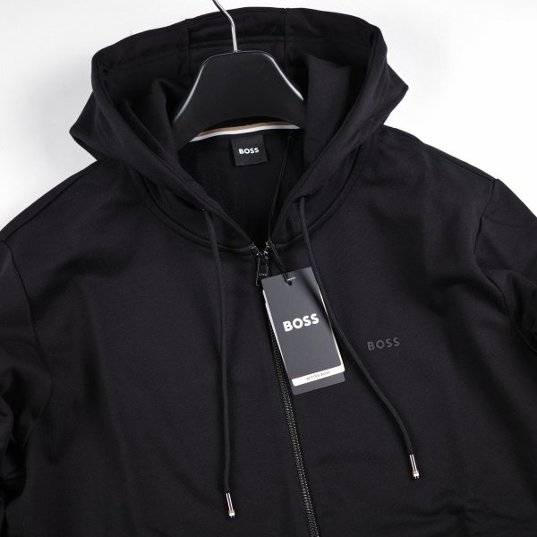新品1円～★定価3.8万 BOSS ボス メンズ 最高級ライン コットン綿 ジップアップパーカー L ロゴ ヒューゴボス フーディー 黒本物 ◆A3561◆_画像5