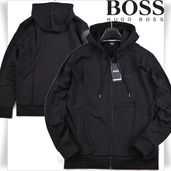 新品1円～★定価3.8万 BOSS ボス メンズ 最高級ライン コットン綿 ジップアップパーカー L ロゴ ヒューゴボス フーディー 黒本物 ◆A3561◆_画像1