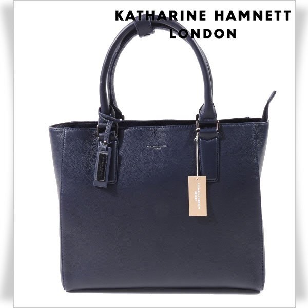新品1円～★定価2.6万 KATHARINE HAMNETT LONDON キャサリン ハムネット ロンドン 牛革 本革レザー トートバッグ ネイビービジネス◆9160◆_画像1