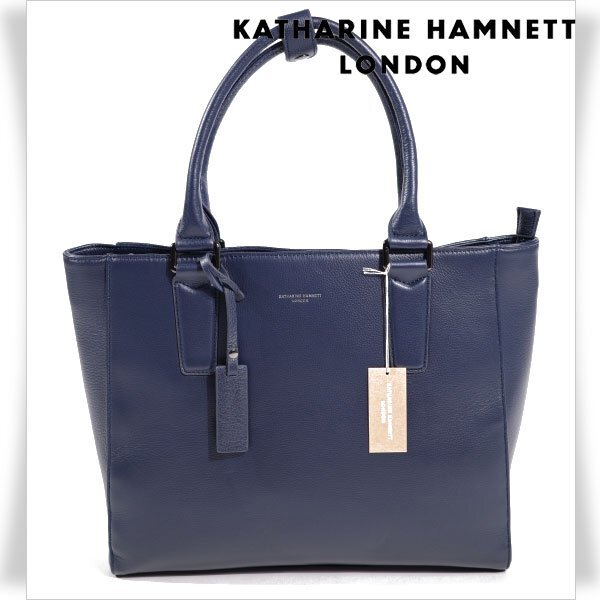 新品1円~★定価2.4万 KATHARINE HAMNETT LONDON キャサリン ハムネット ロンドン 牛革 本革レザー トートバッグ ネイビー 紺 ◆9159◆_画像1