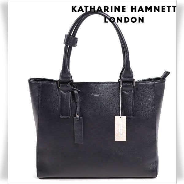 新品1円～★定価2.4万 KATHARINE HAMNETT LONDON キャサリン ハムネット ロンドン 牛革 本革レザー トートバッグ 黒 ブラック ◆9206◆_画像1
