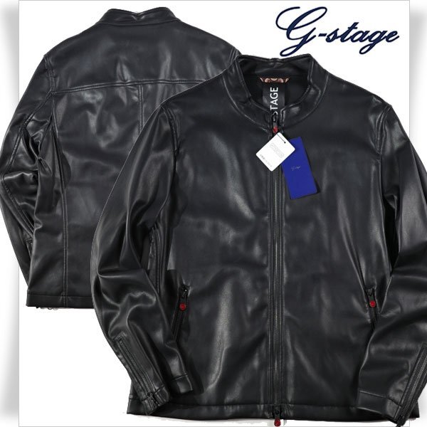 新品1円～★g-stage ジーステージ メンズ 秋冬 フェイクレザー シングルライダースジャケット 46 M 黒 ブラック ジップブルゾン◆9327◆_画像1