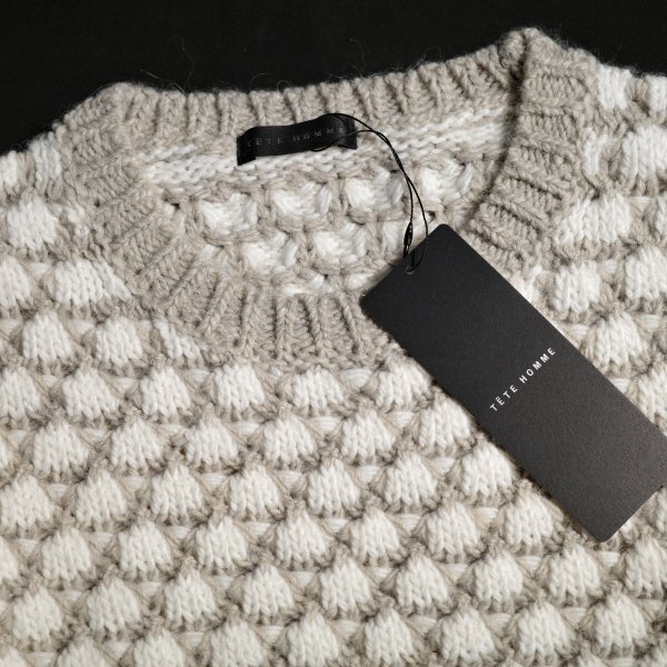 新品1円～★定価1.9万 TETE HOMME テットオム メンズ 長袖 アルパカ混 ポップコーンクルーネックニット L ベージュ セーター ◆9575◆_画像7