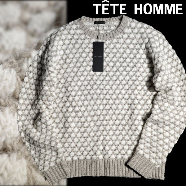 新品1円～★定価1.9万 TETE HOMME テットオム メンズ 長袖 アルパカ混 ポップコーンクルーネックニット L ベージュ セーター ◆9575◆_画像1