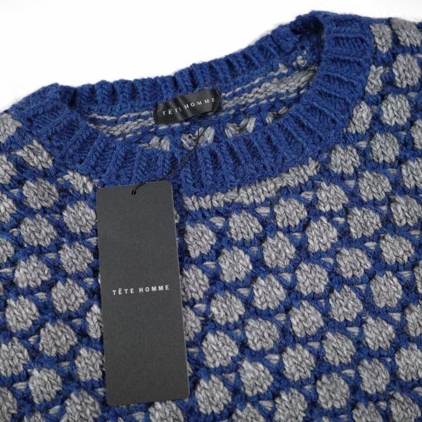 新品1円~★定価1.9万 TETE HOMME テットオム メンズ 長袖 アルパカ混 ポップコーンクルーネックニット LL グレーブルー セーター ◆9587◆_画像7