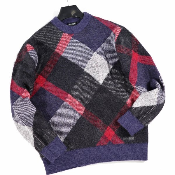 新品1円~★定価3.9万 BLACK LABEL ブラックレーベル クレストブリッジ 長袖 ビッグスケールバイアスチェックニット L ネイビー ◆9824◆_画像9
